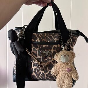 Leopard Print Women's Tote Bag with Heart Accent and Teddy Charm